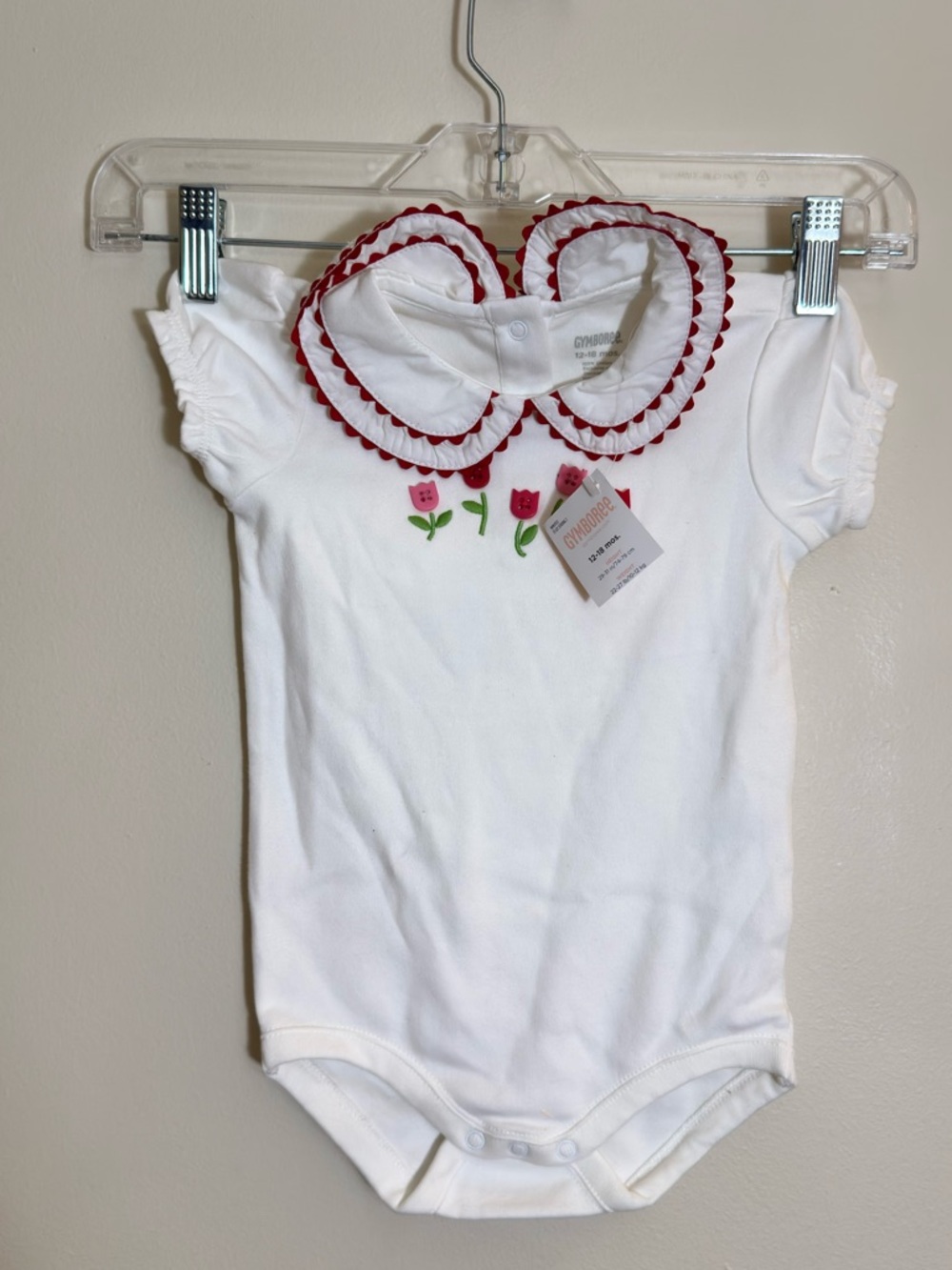 Gymboree White Onesie with Red-Trim Peter Pan Collar and Tulip‎ Embroidery